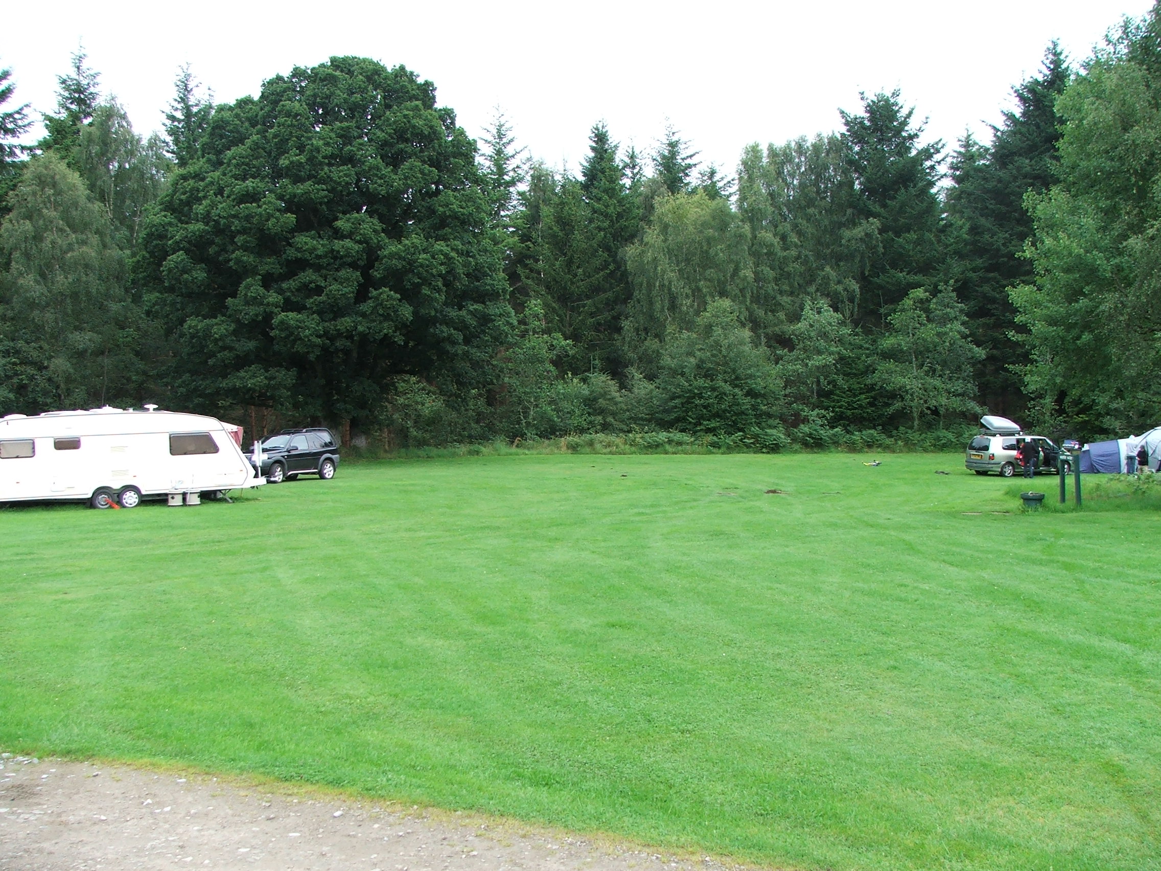 Green grassy field with gravel road through it and trees beyond, with a parked caravan