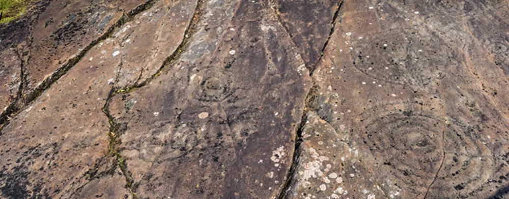 Close up of brown and grey rock with primitive carving