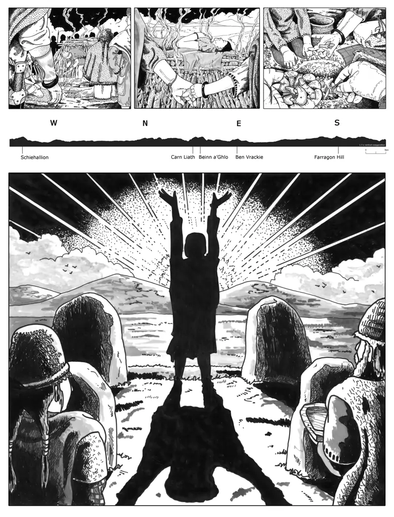 Black and white graphic of a person standing in the middle of a stone circle