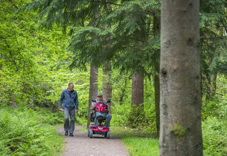 Mature man walks beside elderly man riding in mobility scooter on tree lined path, Dalbeattie Forest, near Dumfries