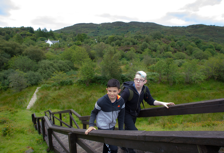 Two boys climb a wooden staircase up a grassy hillside from a lush woodland