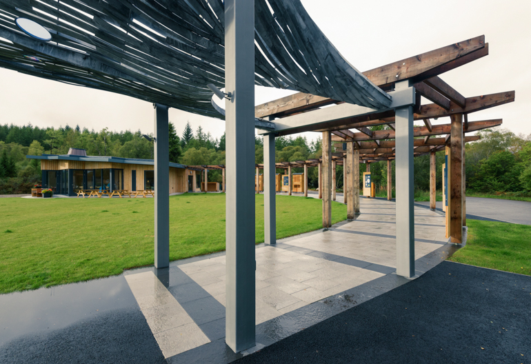 Detail of woodend visitor centre walkway with the wooded visitor centre in the background, Falls of Shin, by Lairg, Sutherland