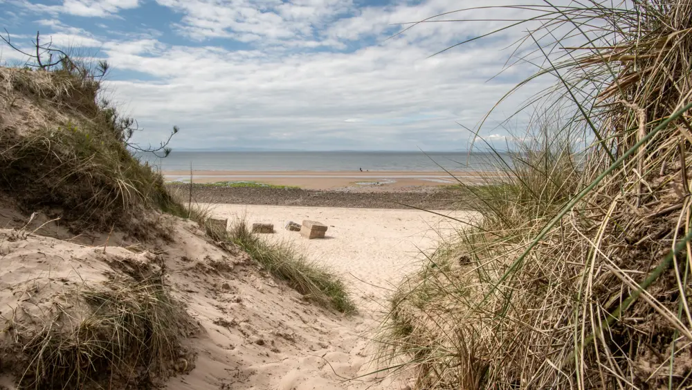 A white sandy beach through sand dunes