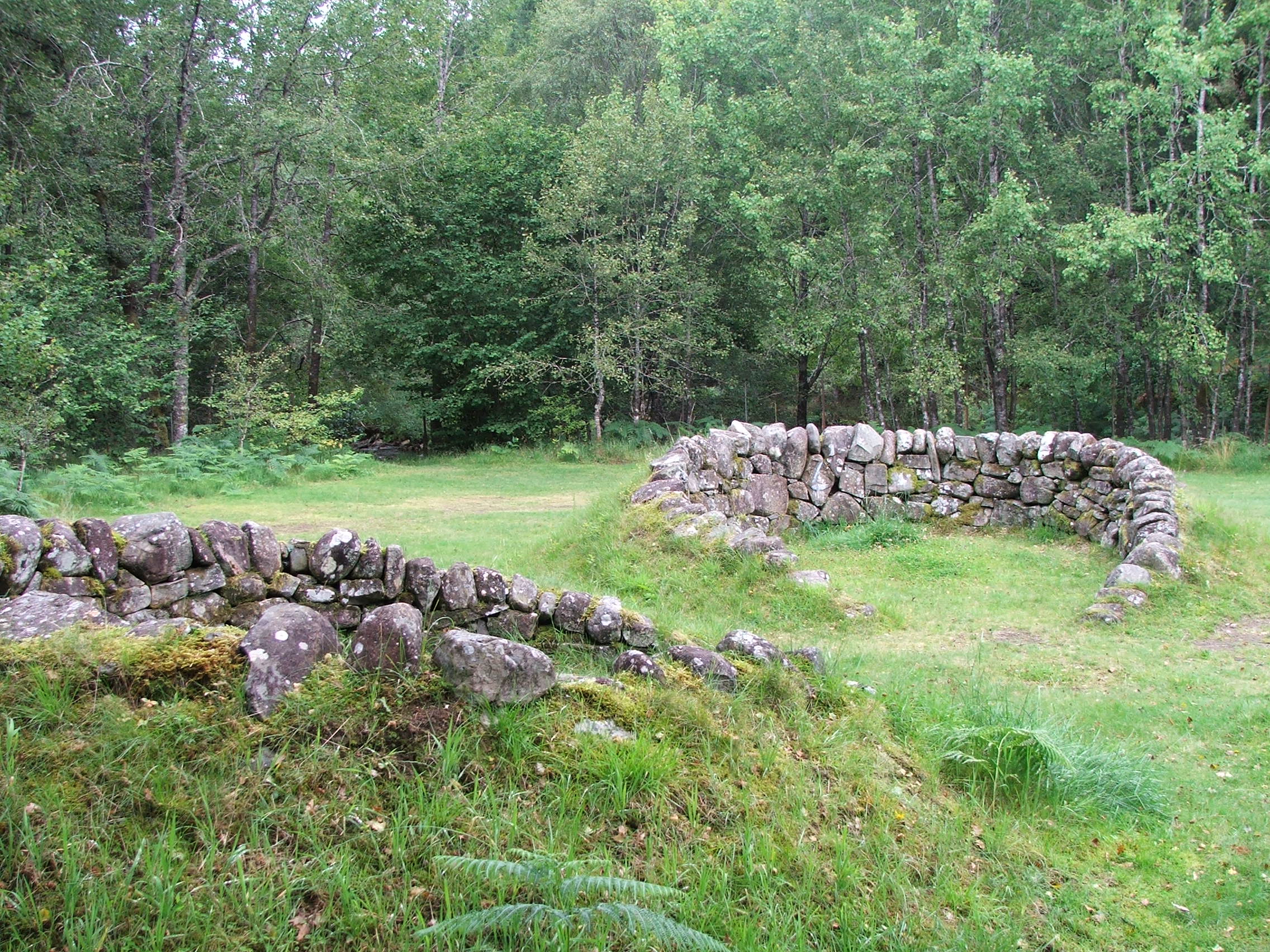 Rough stone shelters on a grassy field surrounded by tall green trees
