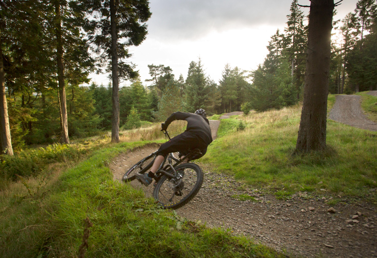 A mountain biker leans into a bend on a forest trail