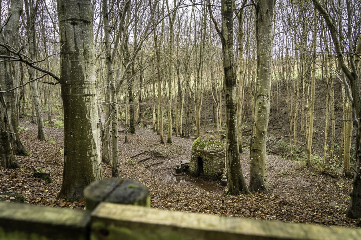 A stone hut in a broadleaf forest in winter